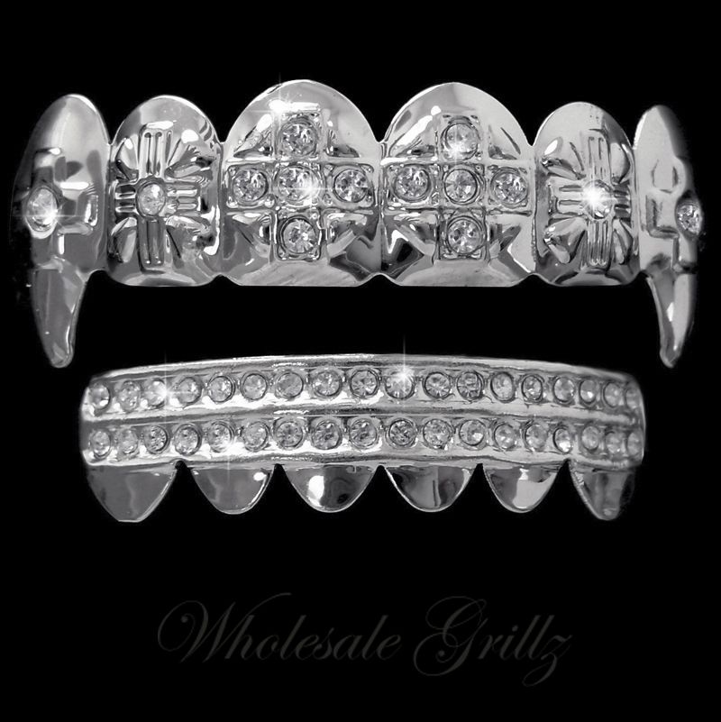 NEW Dracula VAMPIRE FANG Teeth Grillz Platinum Silver Tone iced Out