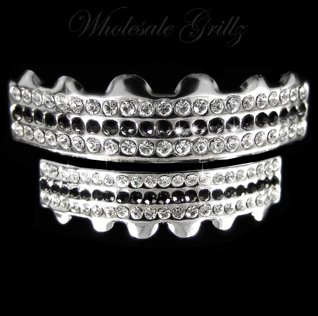 BLACK & WHITE Silver Platinum Style Teeth Grillz TOP & BOTTOM iced out
