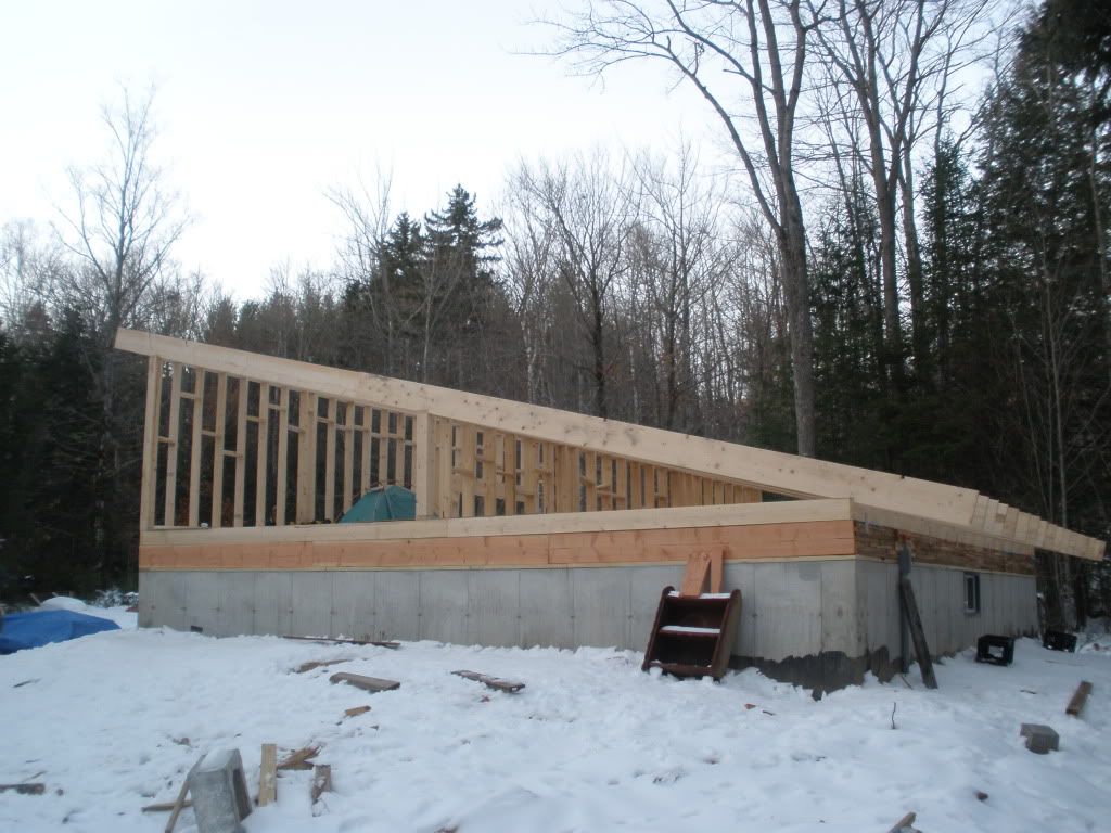 The bare frame of our shed roof. Along with the 2x12 roof rafters, the 