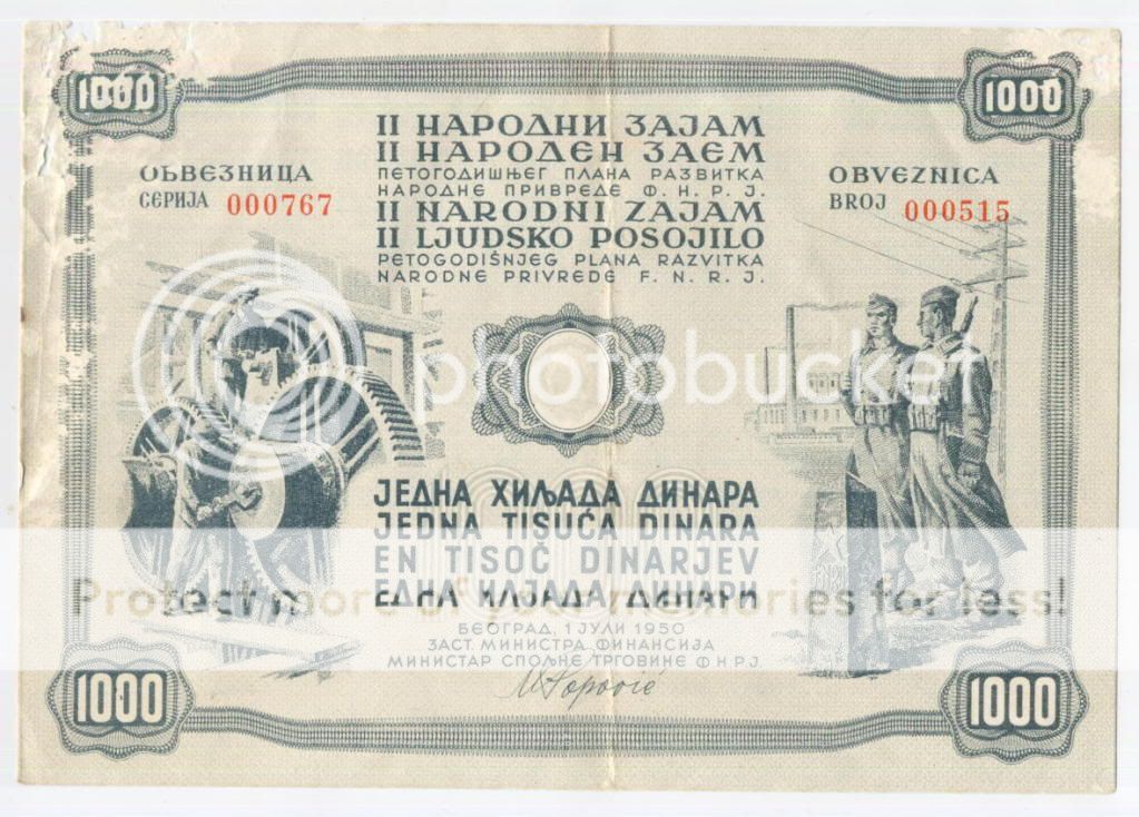 YUGOSLAVIA 1000 Dinara 1950 F/VF *NATIONAL LOAN * RRR  