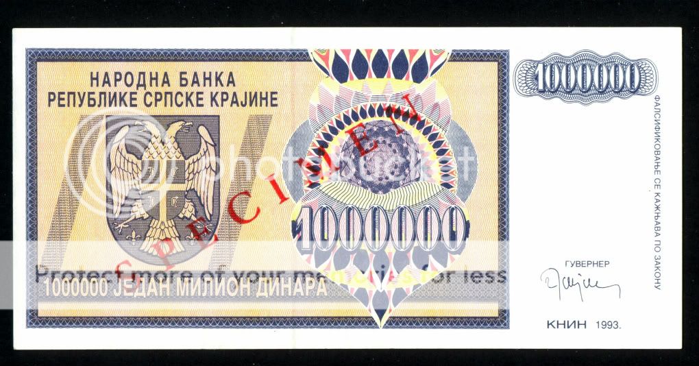 CROATIA *1 Million Dinara 1993 UNC *P R10s Key banknote *SPECIMEN 