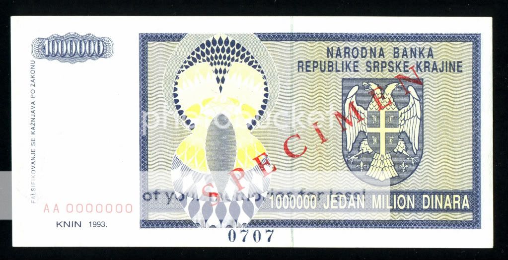 CROATIA *1 Million Dinara 1993 UNC *P R10s Key banknote *SPECIMEN 