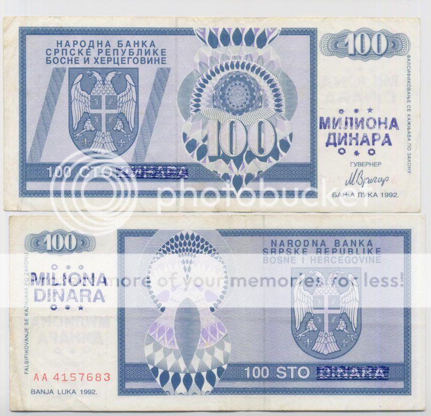 10 100 Million Dinara on 100 Dinara (ND1993 old date 1992)VF+ *PNL